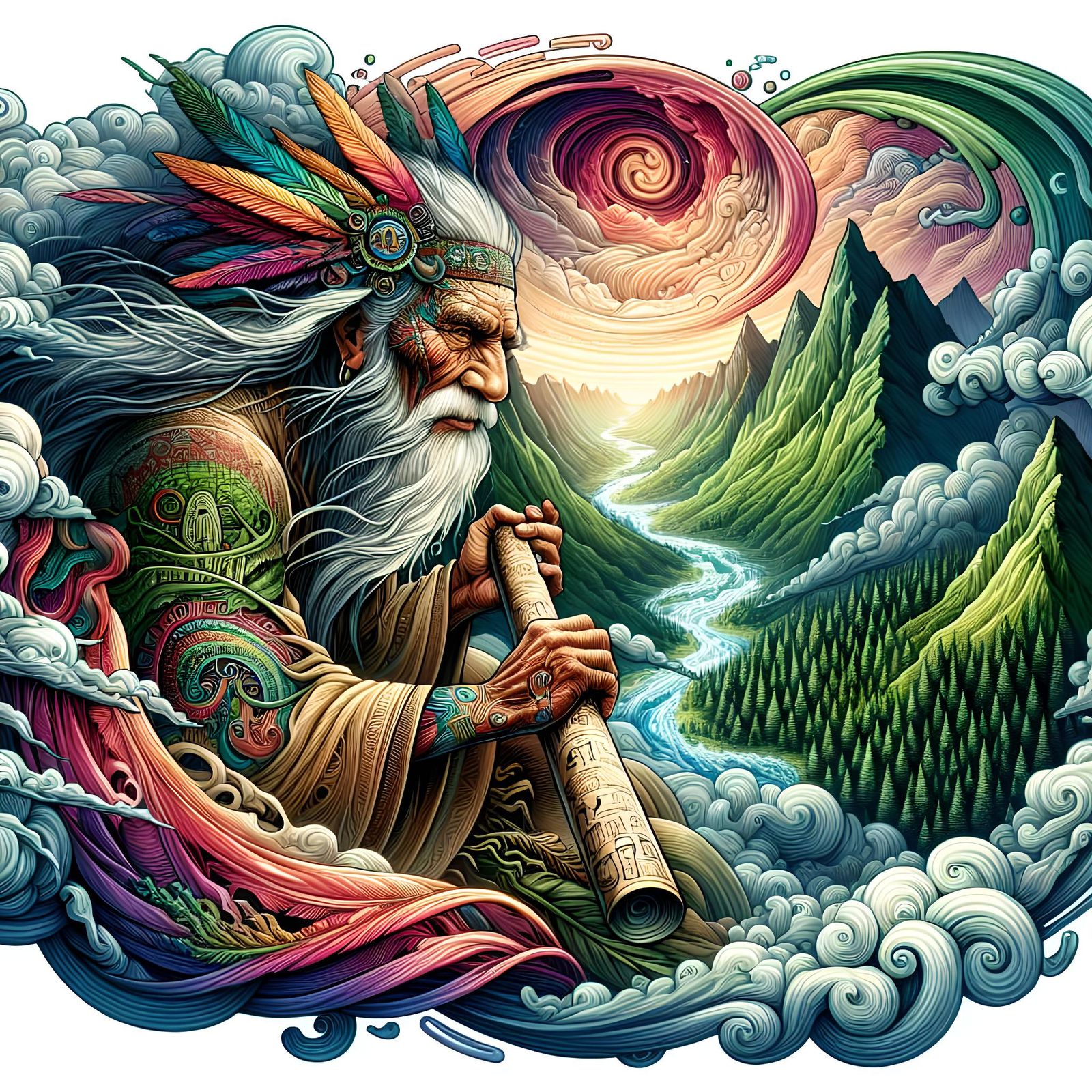 Native American Shaman on Mountain Summit