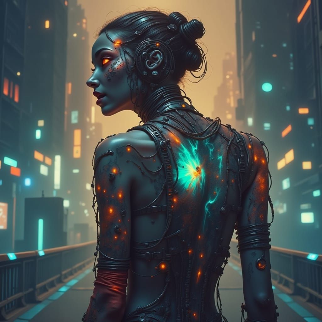 Cyberpunk Woman with LED Tattoos in H.R. Giger Style