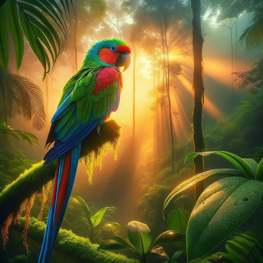 Parrot watching sunrise in jungle