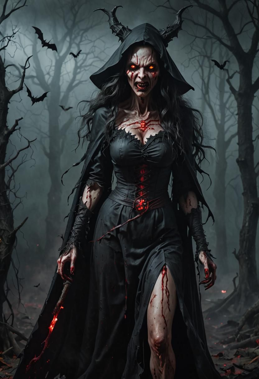 Creepy figure of a scary witch with glowing red eyes and cla...