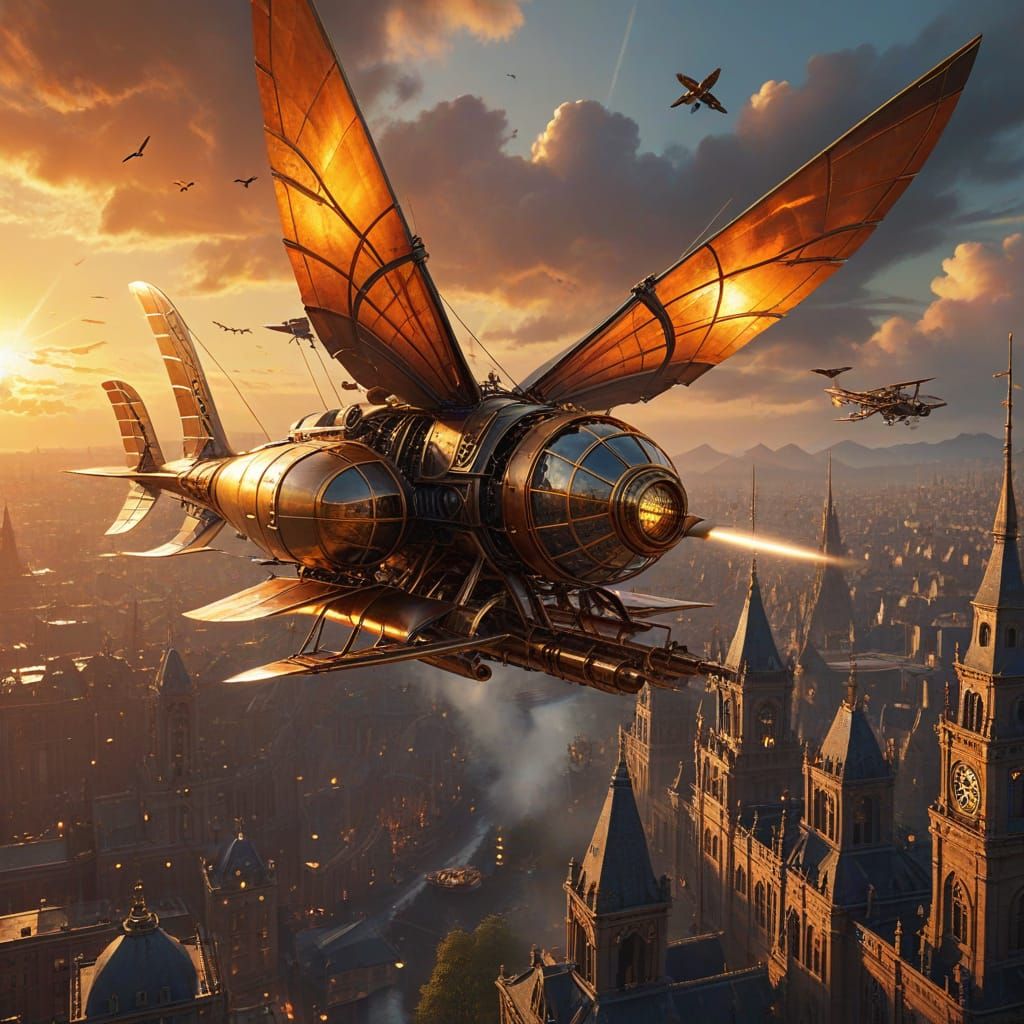 Steampunk Ornithopter Soaring Above Metropolis at Sunset