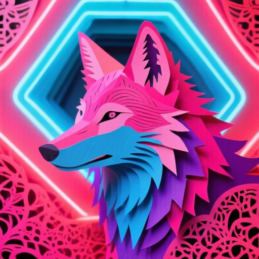 Synthwave Papercut Coyote with Filigree in 8K