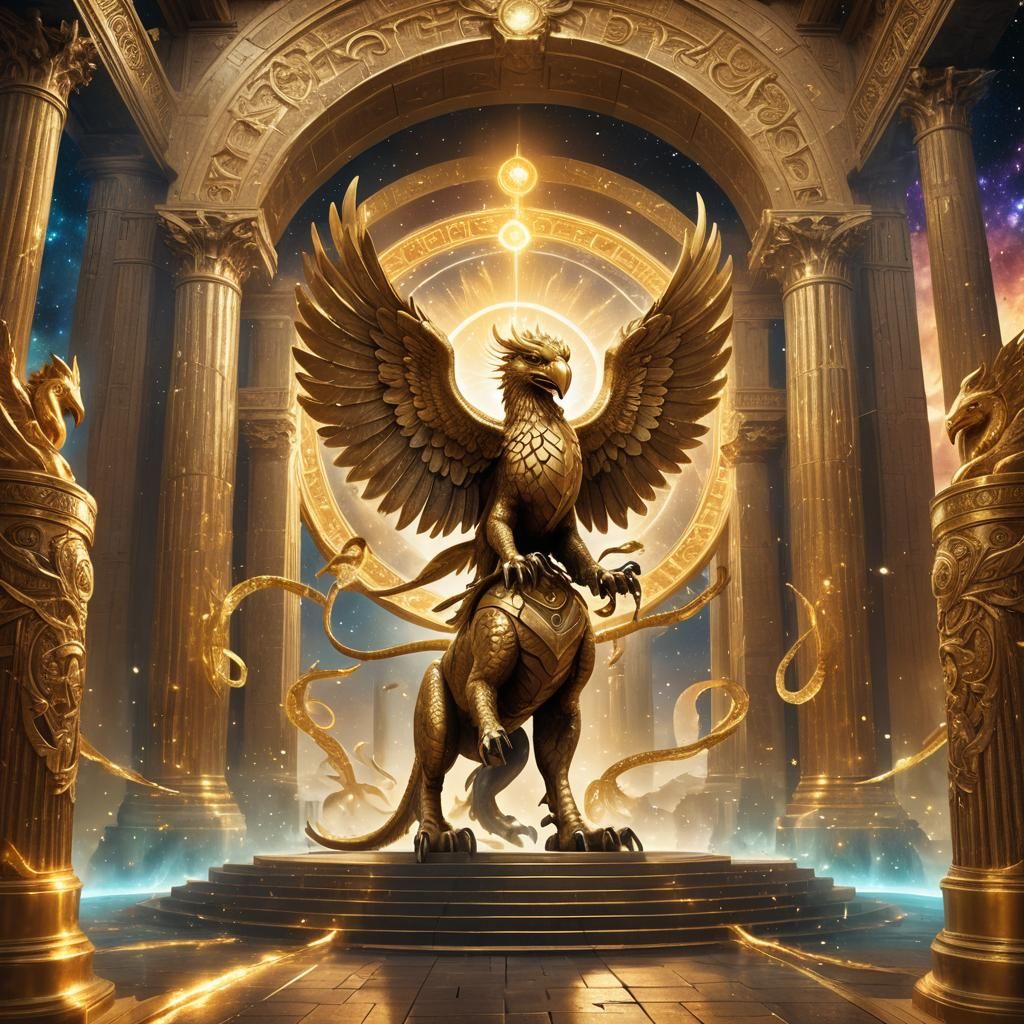 Golden Griffin at Cosmic Gateway, Digital Art