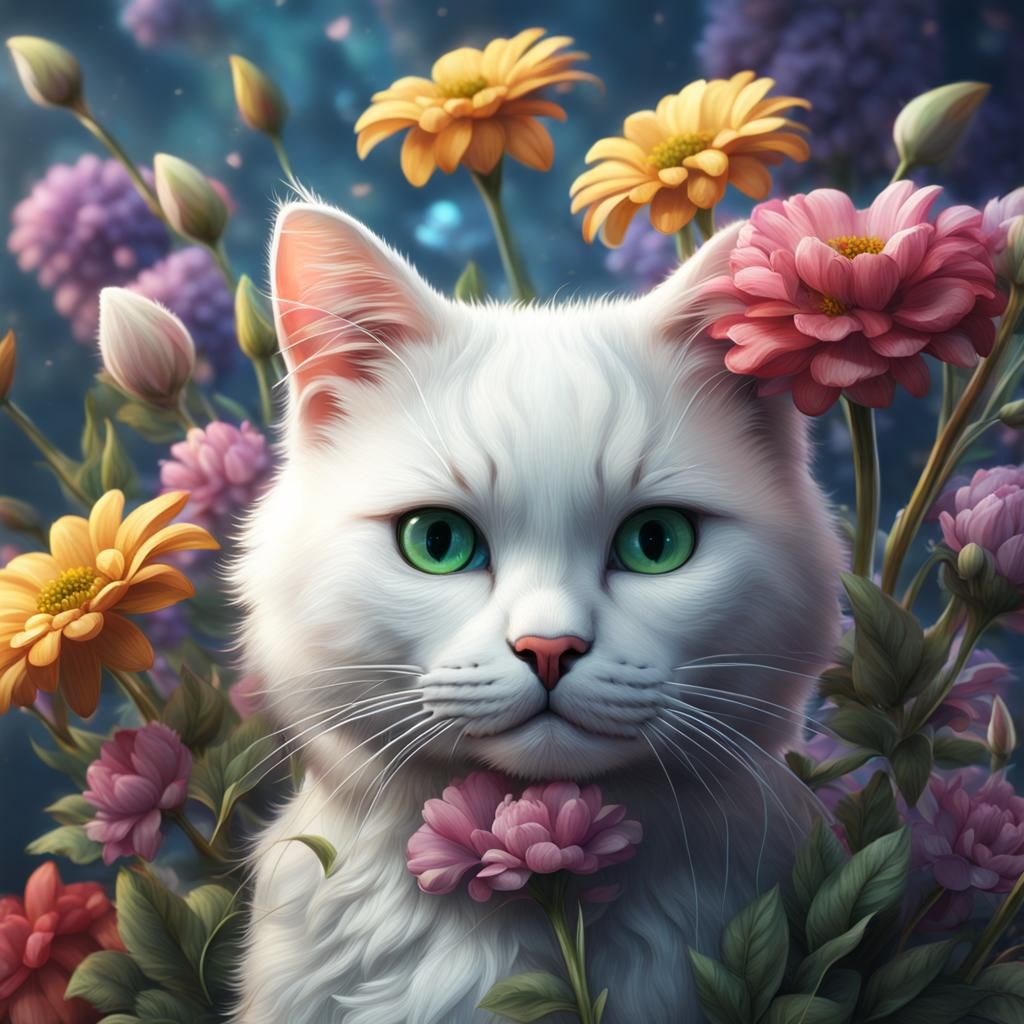 White Cat with Flowers: Fantasy Concept Art