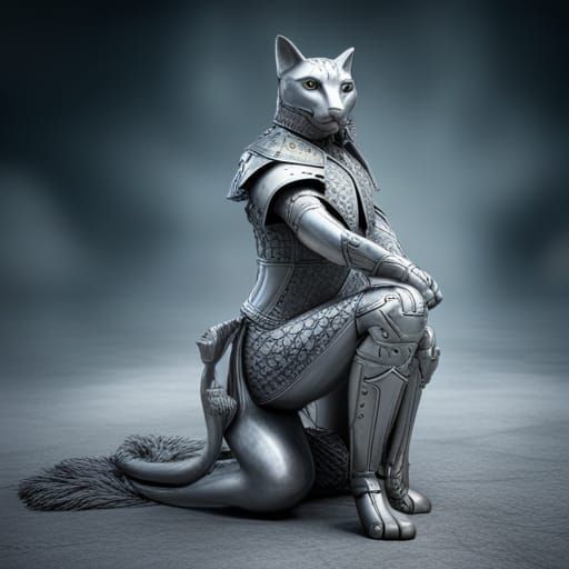 Kneeling Cat Knight in Detailed Silver Armor