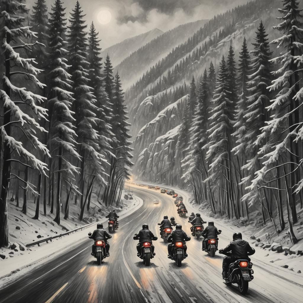 Motorcycles on Snowy Mountain Road: Charcoal Drawing