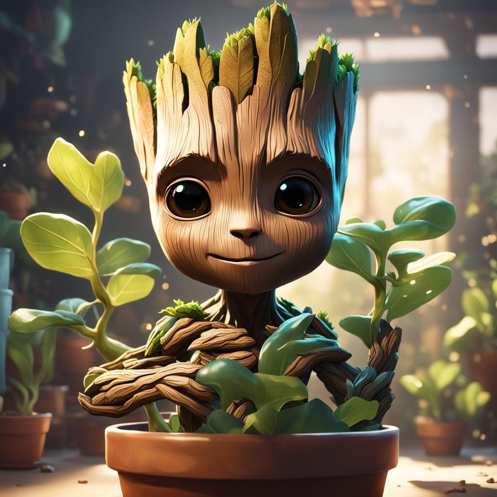 Cute Chibi Groot Portrait in a Pot