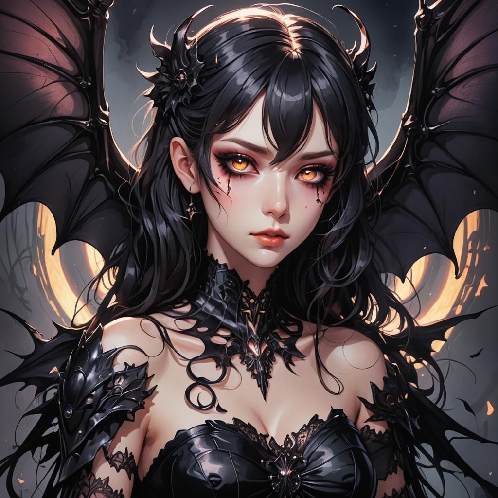Anime Portrait of a Pale Woman with Bat Wings