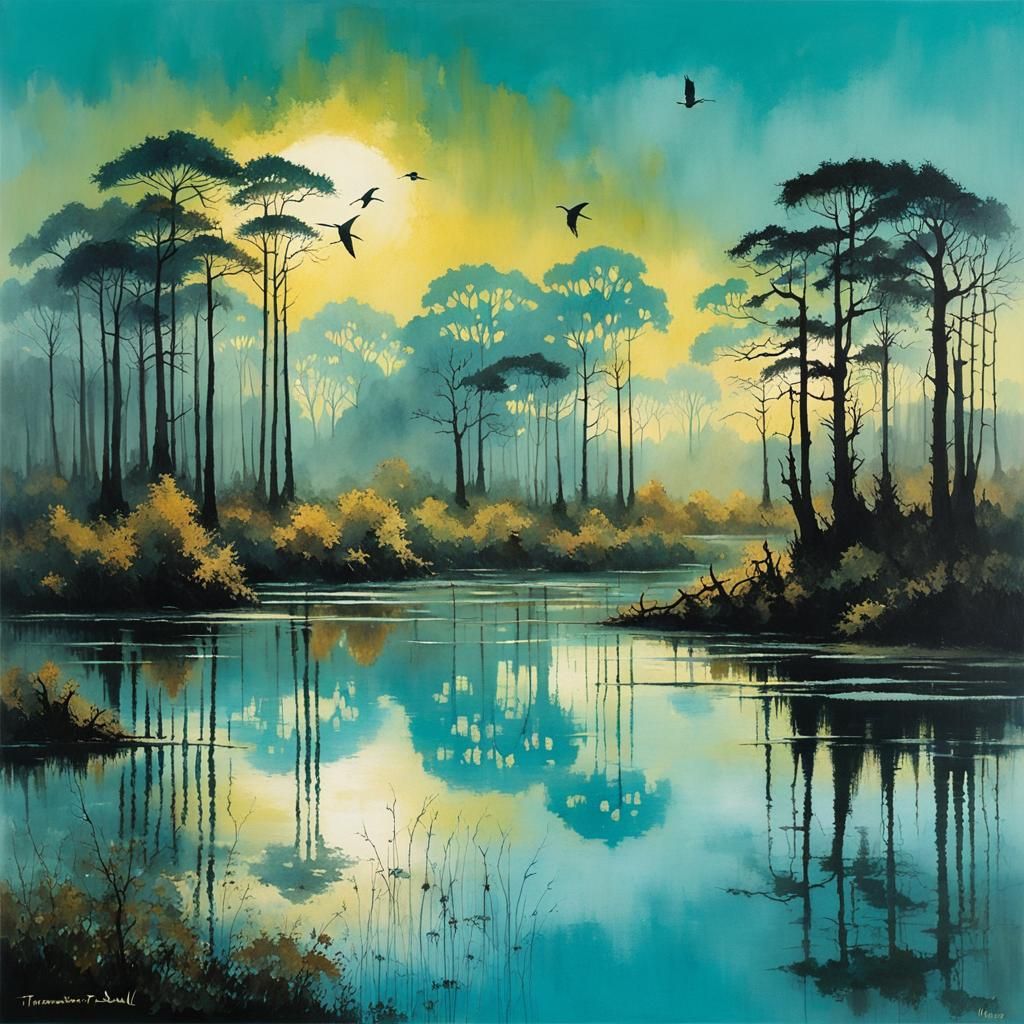 Turquoise Swamp Landscape with Cranes in Watercolor Style