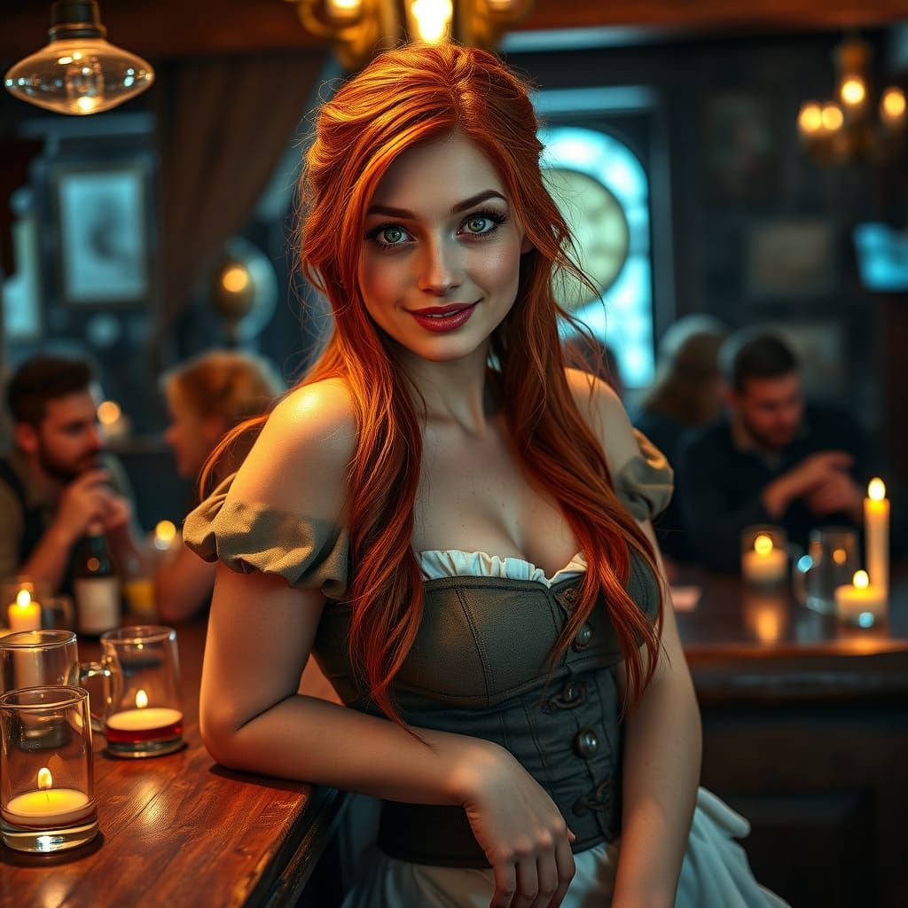 Fantasy Barmaid Winks in Cozy Tavern