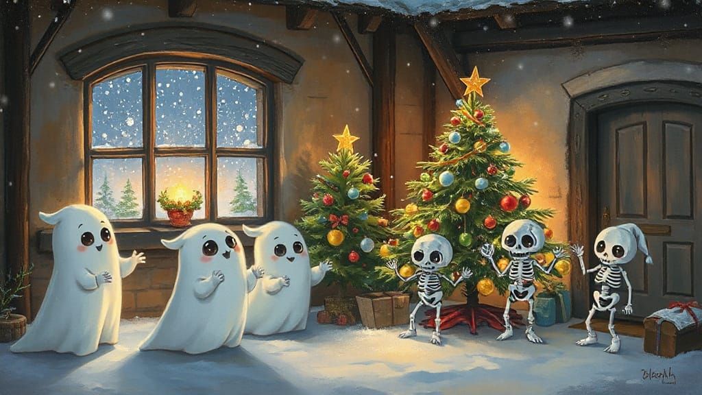 Cute Ghosts and Skeletons Celebrate Christmas