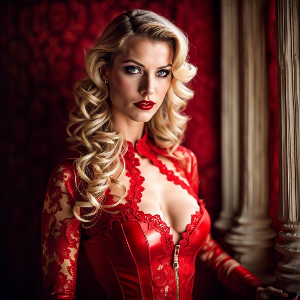 Elegant Retro French Woman in Red Lingerie