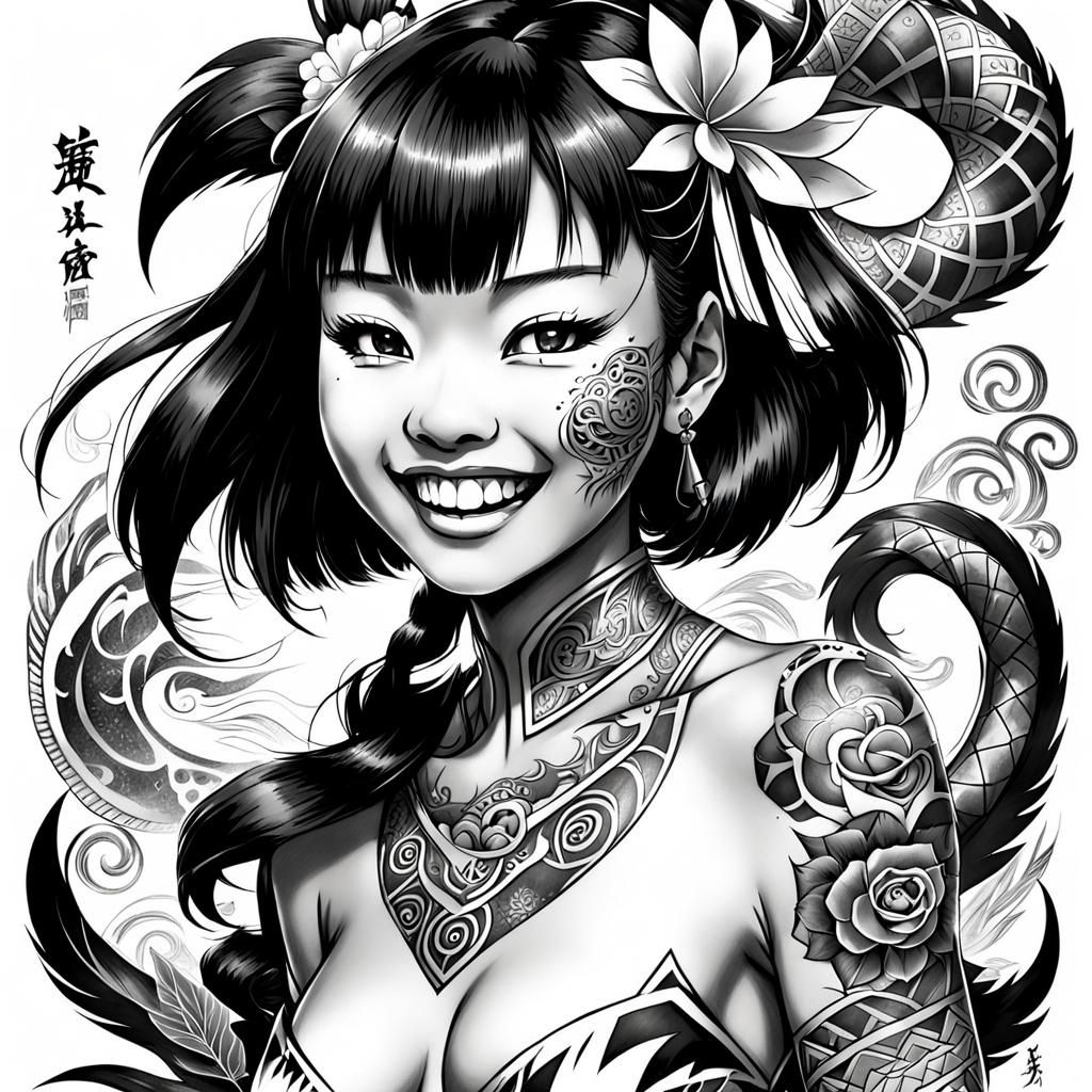 Monochrome Manga Sketch of Fantasy Pinup Woman