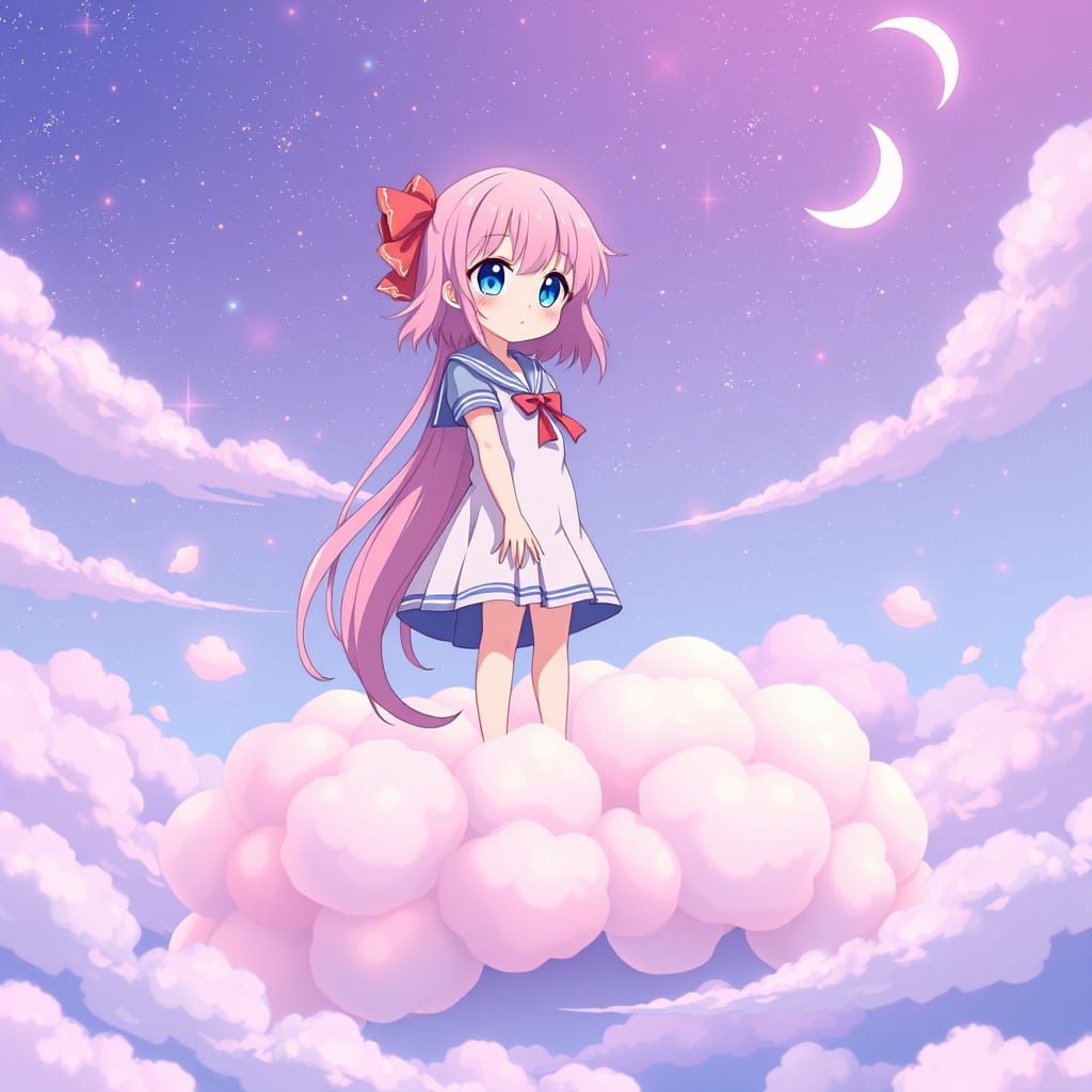 Anime Girl on Candy Cloud Island in Ghibli Style