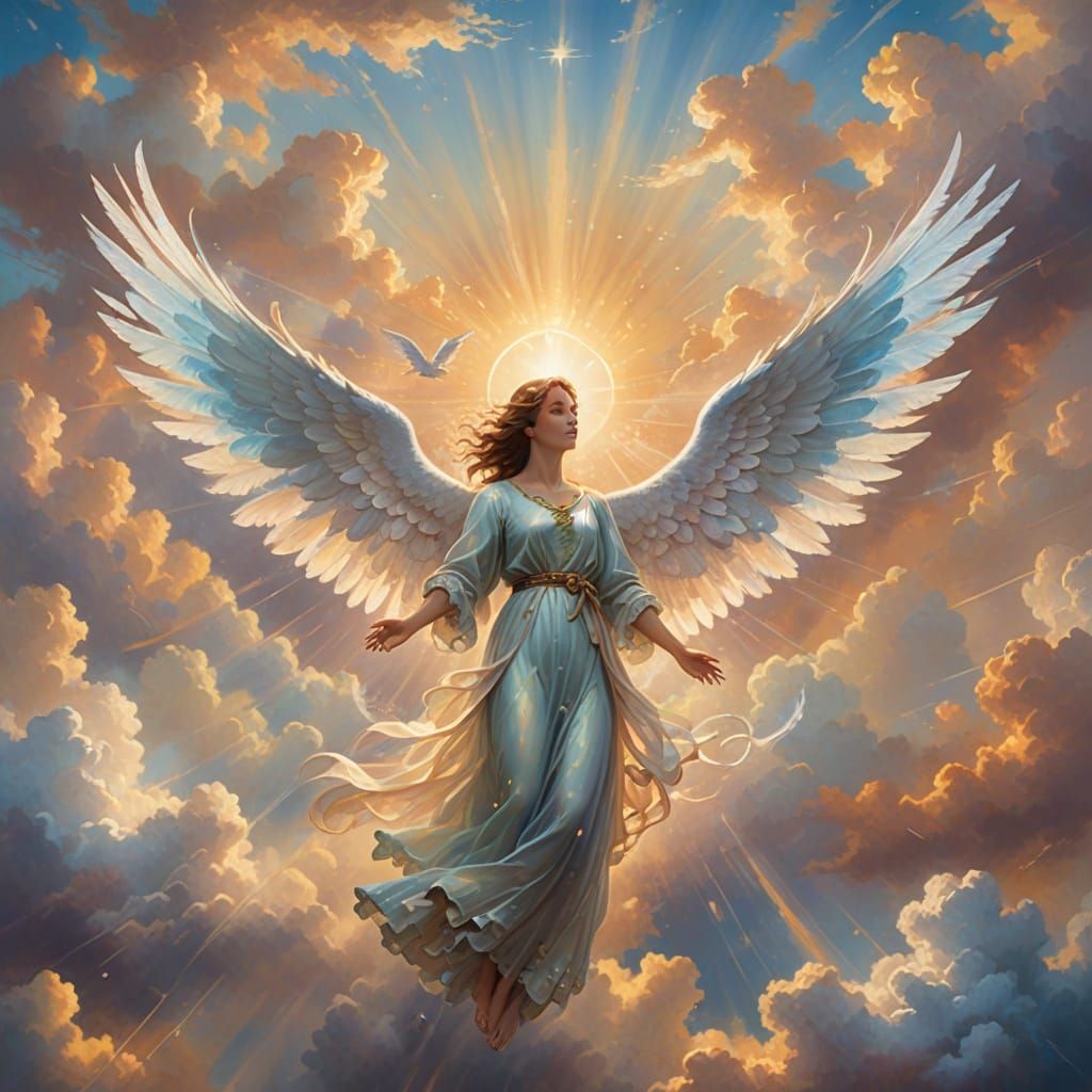 Surreal Angelic Being Soars Through Heavenly Clouds in Soft ...
