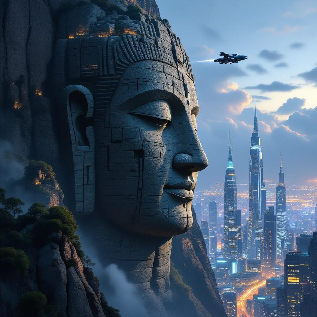 Ancient Stone Head Overlooks Futuristic City