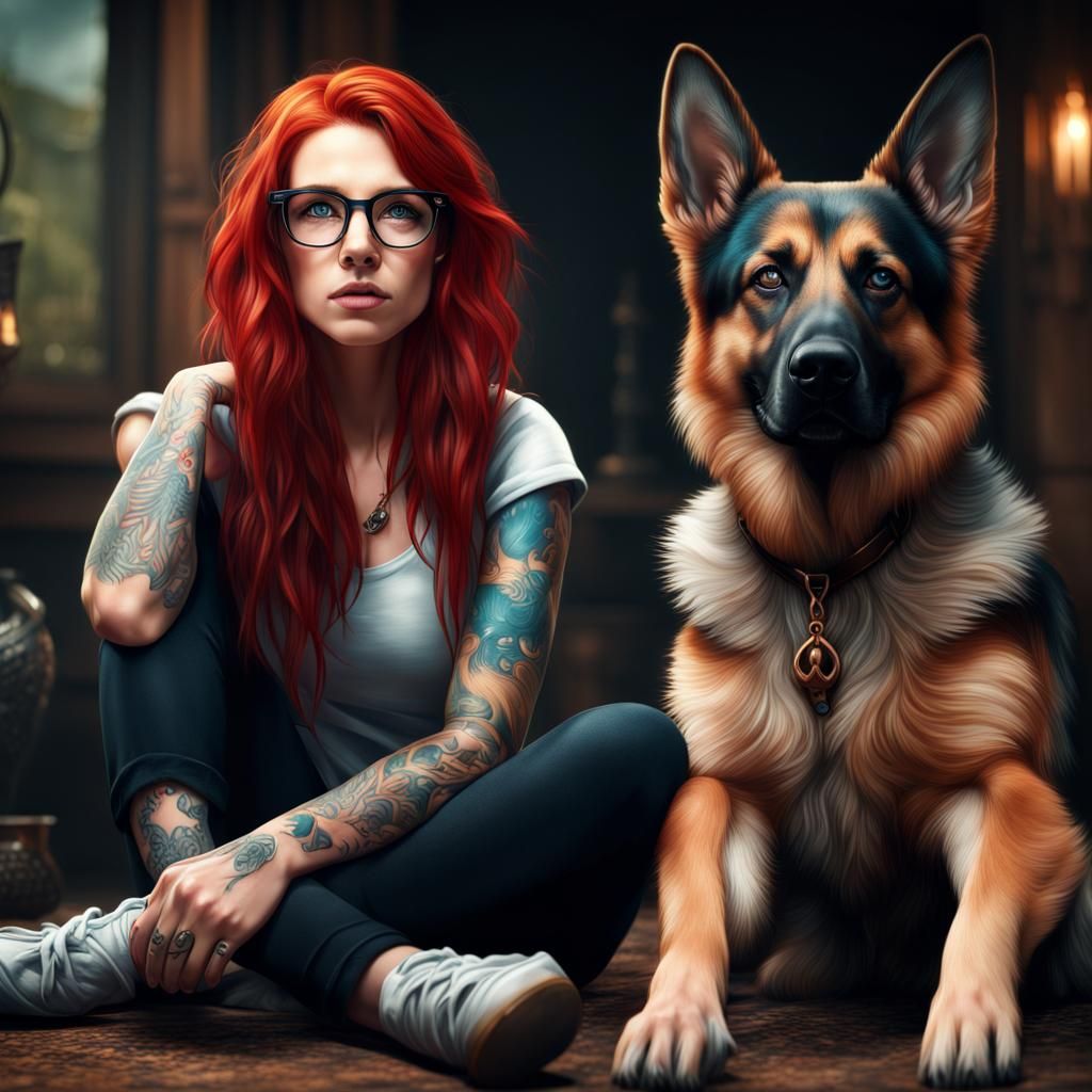 Woman and German Shepherd in Detailed Matte Painting