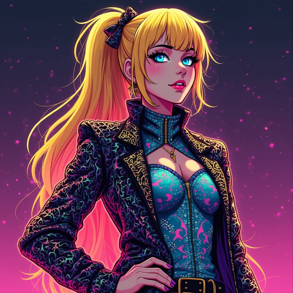 Anime Woman in Neon Glitch Art Style
