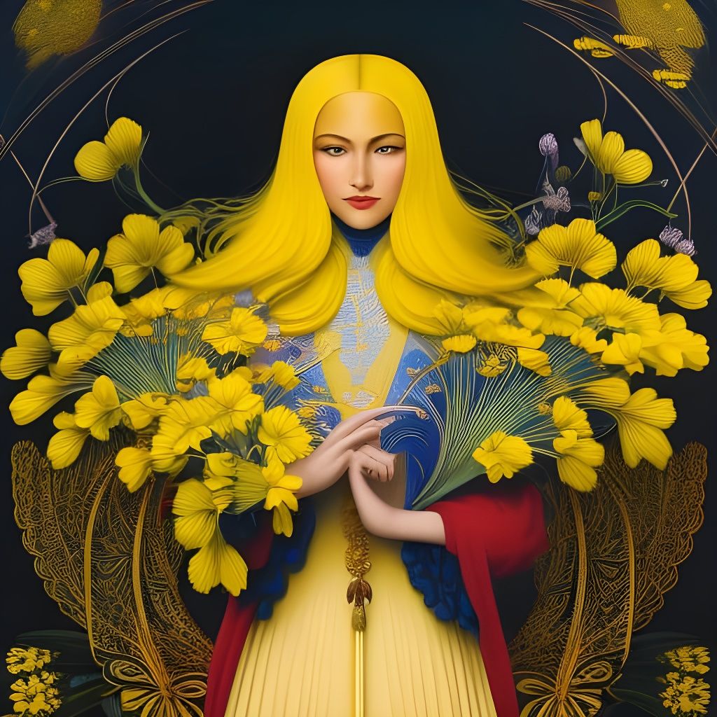 Yellow-Haired Girl with Flowers: Art Nouveau Digital Paintin...