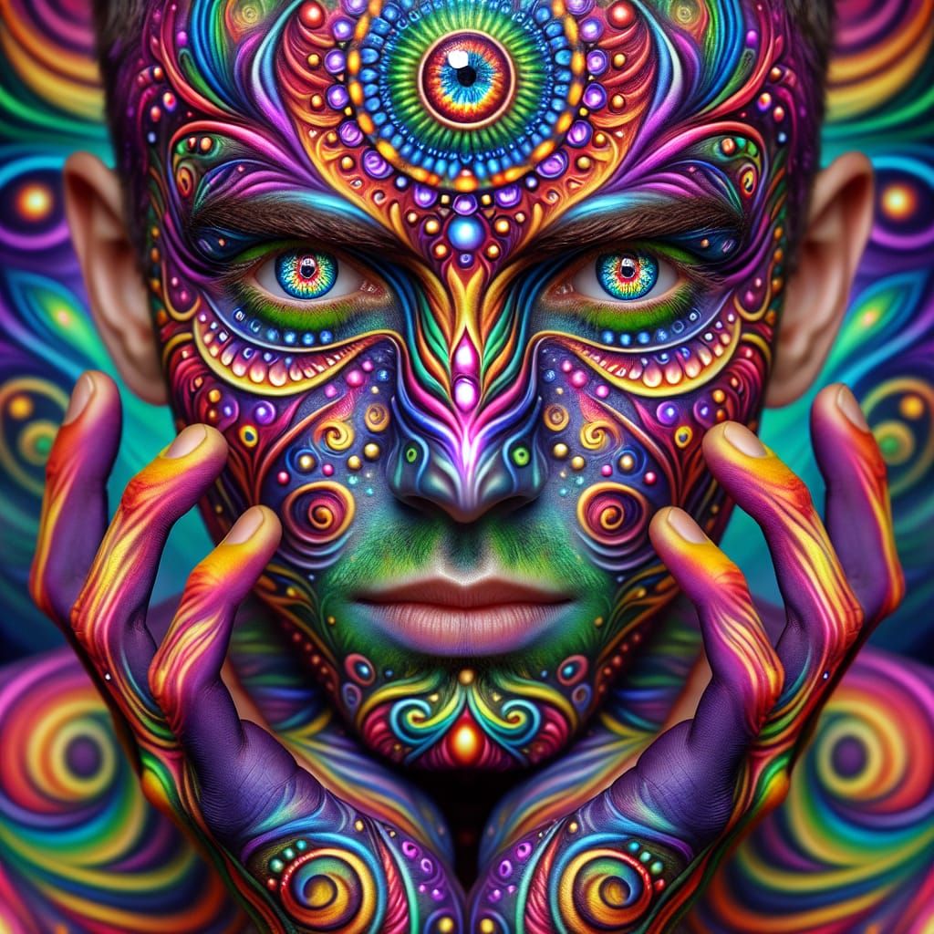 a person's face and hands covered in vibrant
