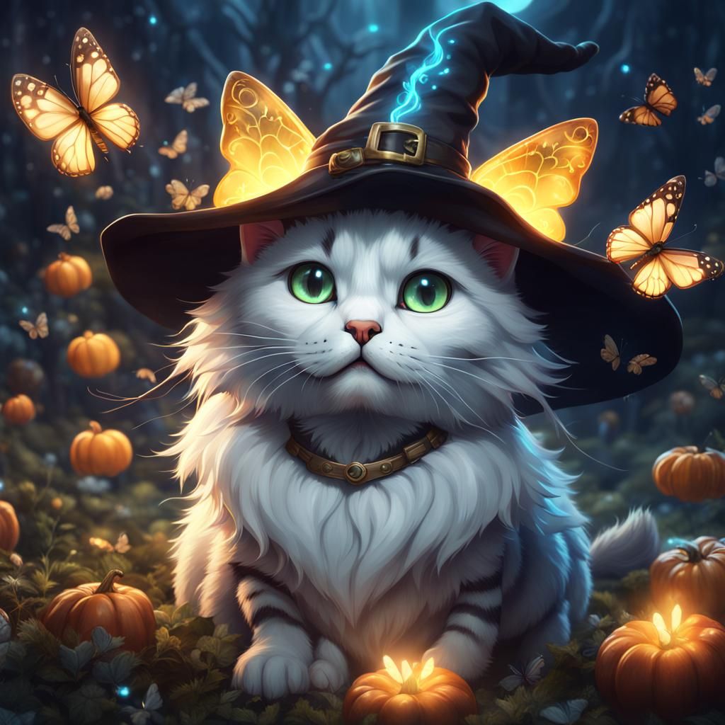 Cute Cat Witch with Glowing Butterflies