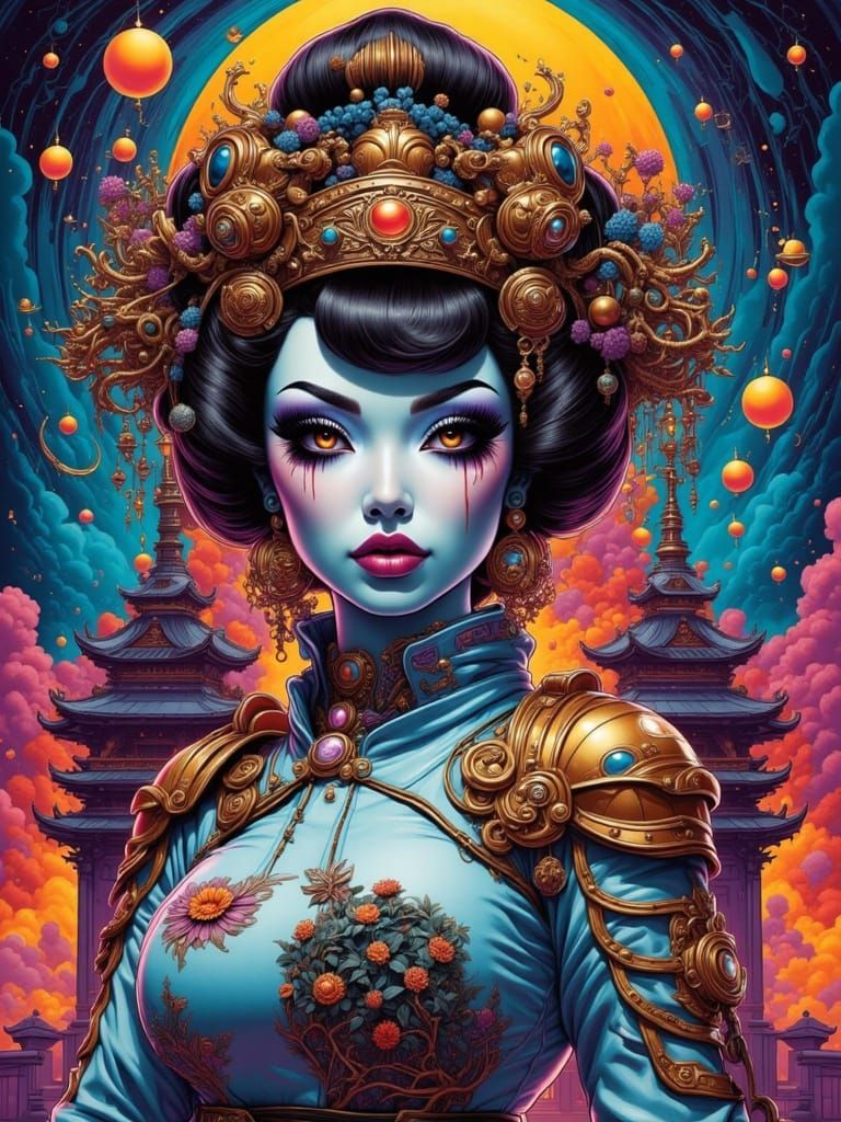 Geisha in Cyberpunk Armor: Digital Art Portrait