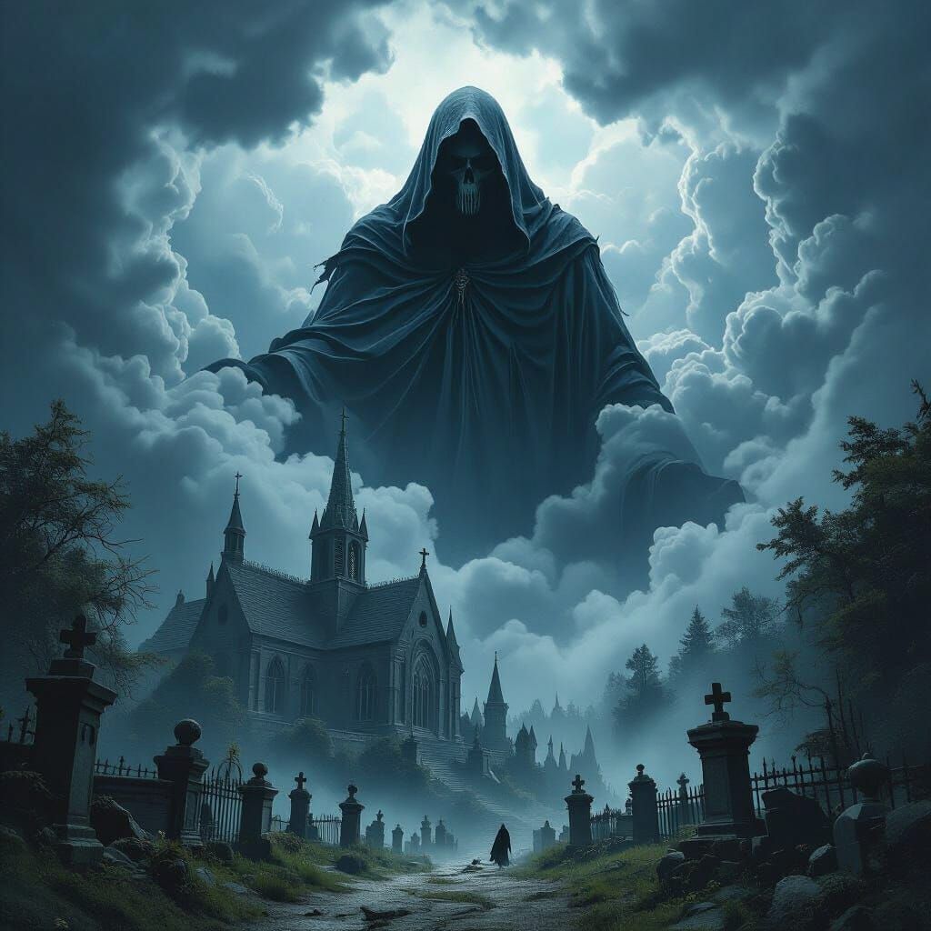 Colossal Grim Reaper In Stormy Clouds Over Gothic Church