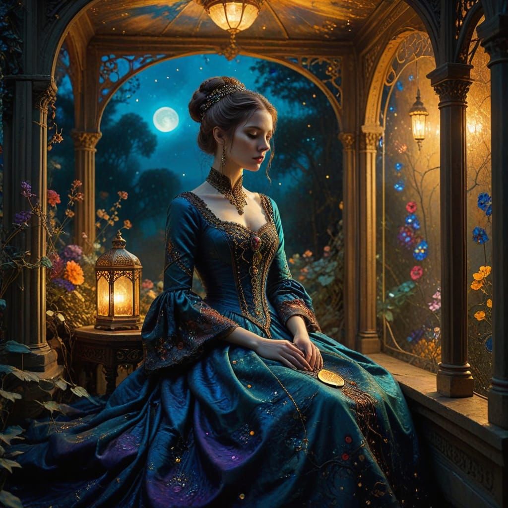 Symbolist Oil Painting of a Victorian Mouse in a Gazebo