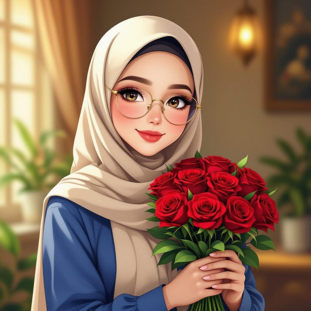 Elegant Hijabi Woman with Roses in Anime Style