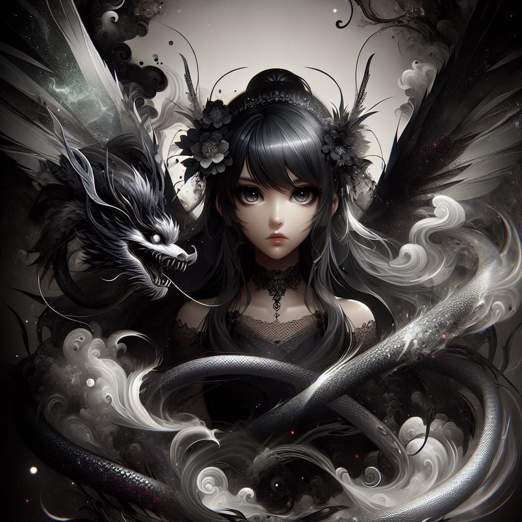 Photorealistic Anime Dark Fairy Dragon-Snake in Swirling Smo...