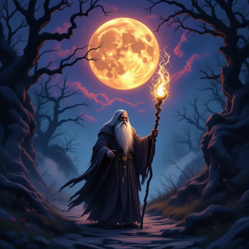 Spectral Elder with Glowing Staff in Haunted Forest