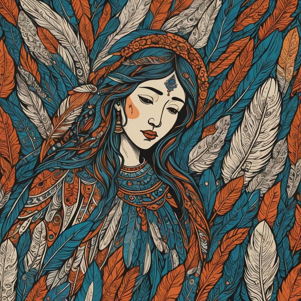 Angelic Dream: Folk Art Woodcut in Complementary Colors