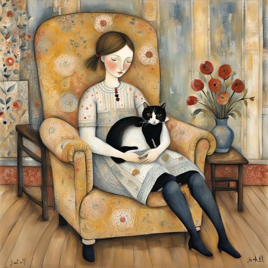 Girl Petting Cat in Armchair: Naive Folk Art