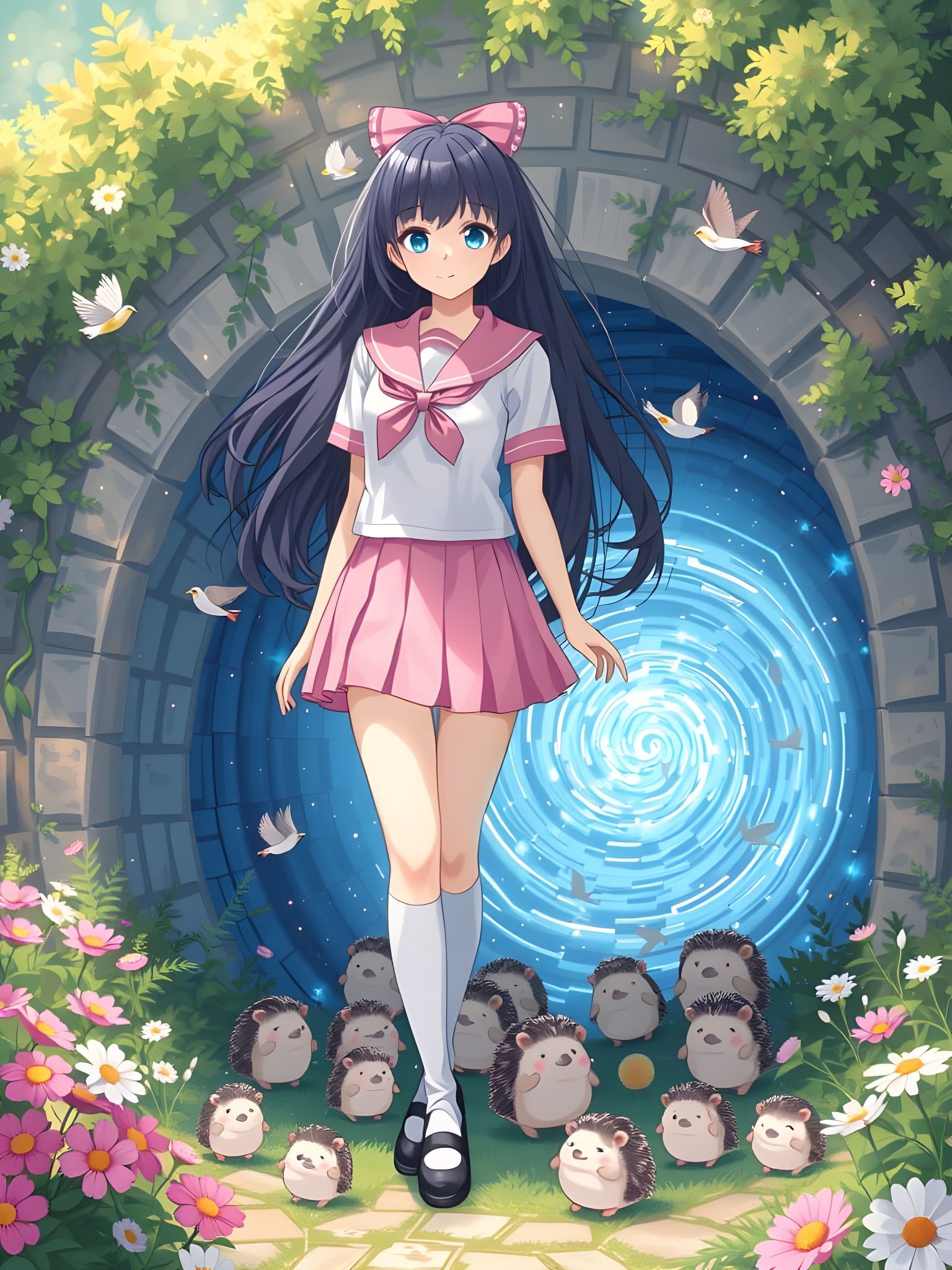 Anime girl with hedgehogs