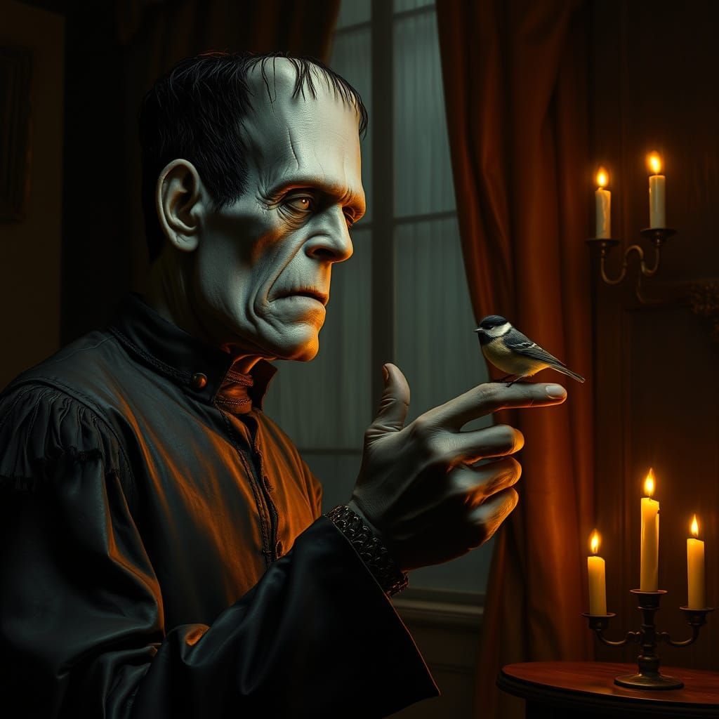 Frankenstein's Monster's Gentle Moment with a Bird