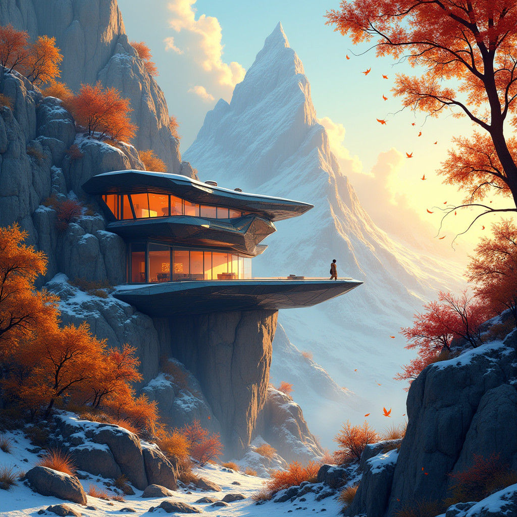 Futuristic Mountain House in Autumn Landscape