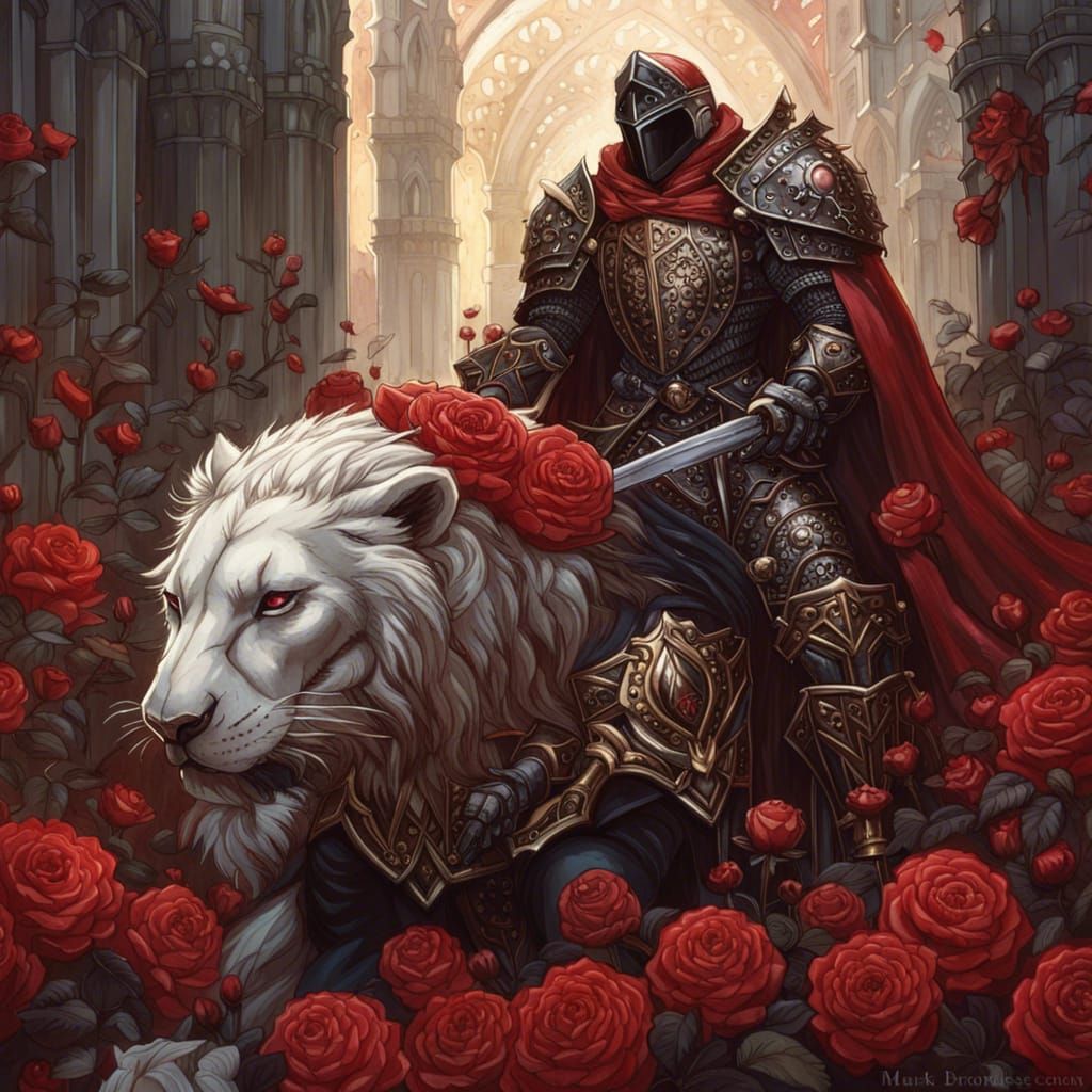Dark Fantasy Paladin on Lion in Rose Field