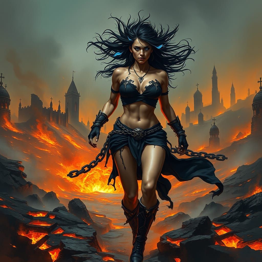Gothic Warrior Woman on Smoldering Battlefield