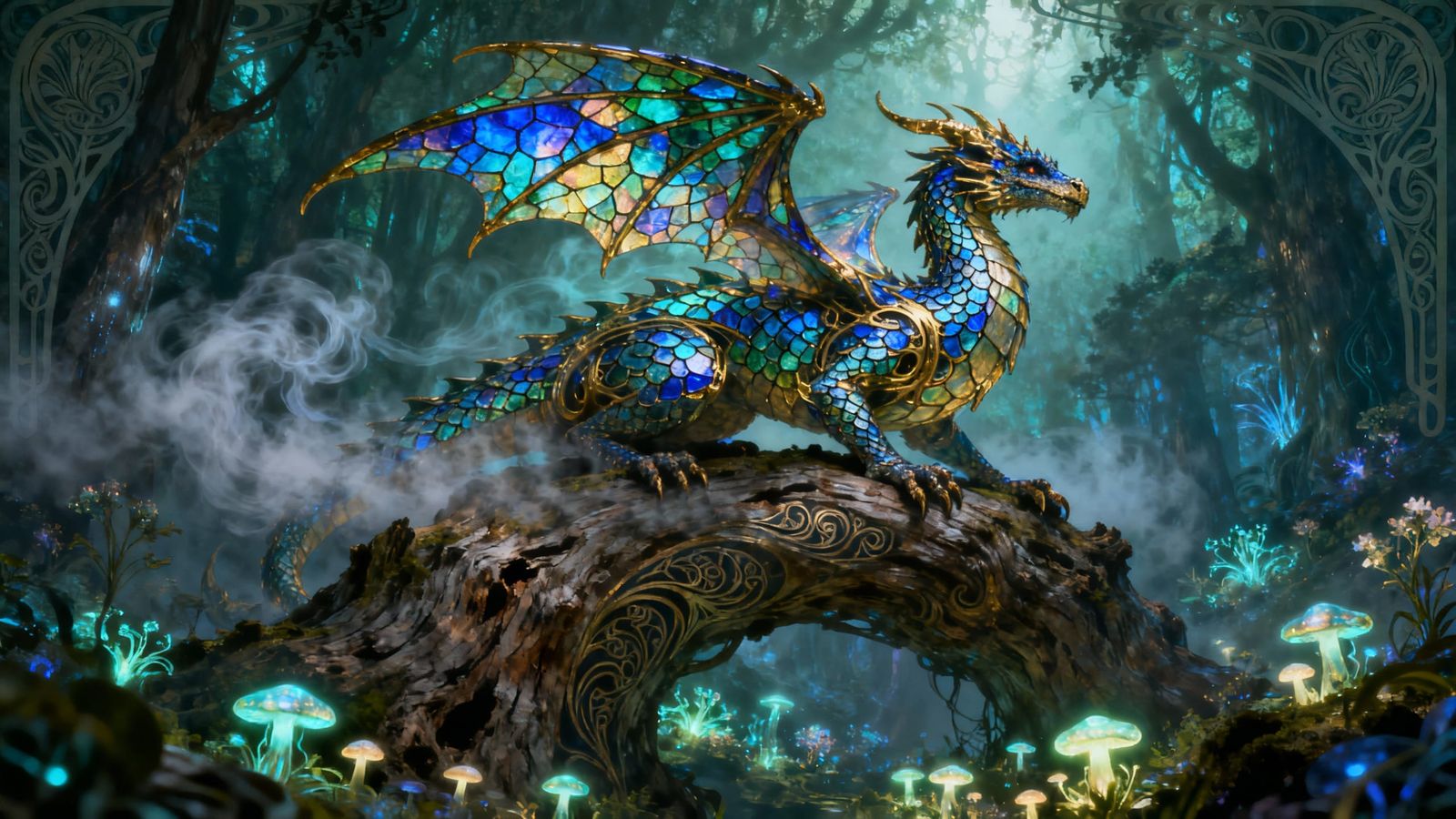 Majestic Dragon in Bioluminescent Forest, Art Nouveau Fantas...