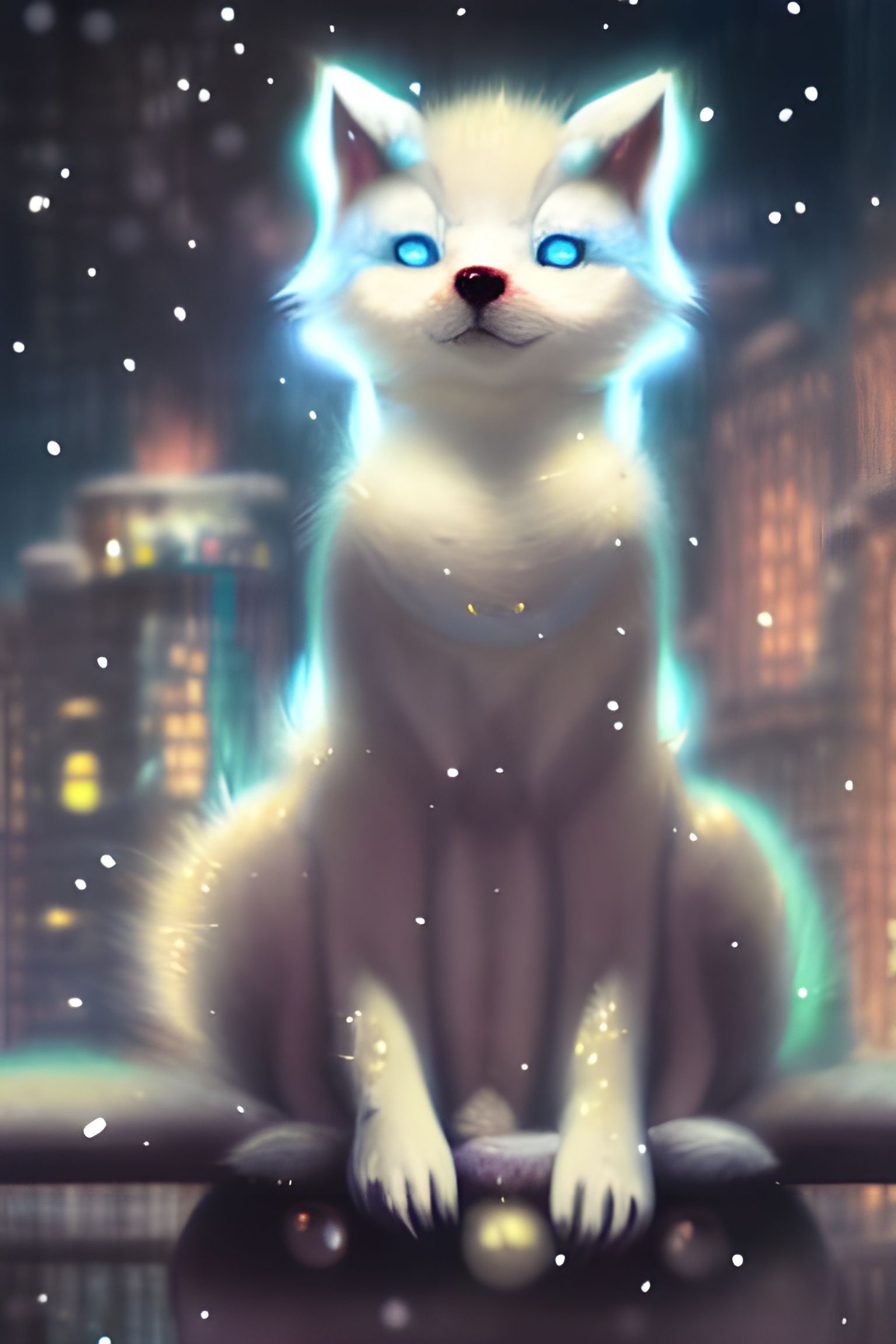Beautiful headshot of a cute baby kitsune with fluffy white fur and big blue! glowing eyes standing in a big xmas city, ...