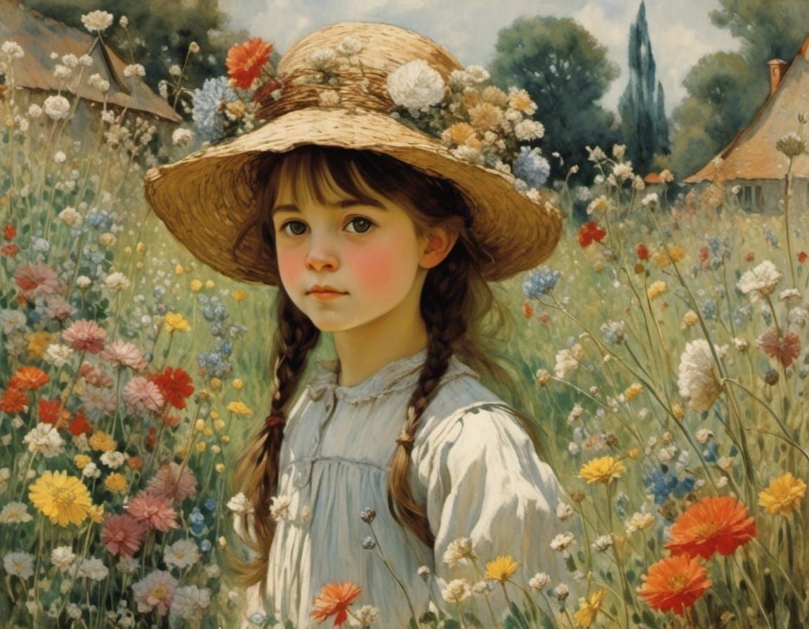 Girl with Wildflowers: Impressionistic Garden Scene