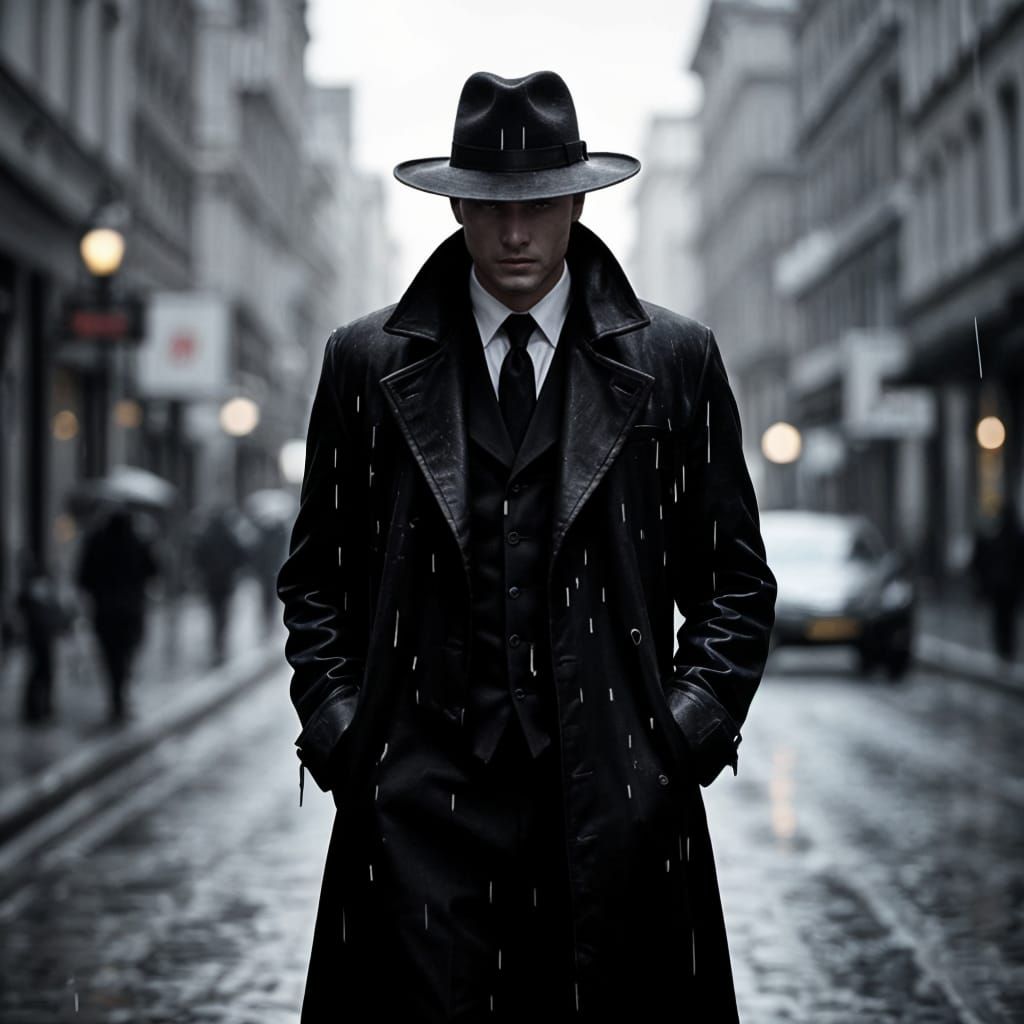 Monochrome Portrait of Man in Rain