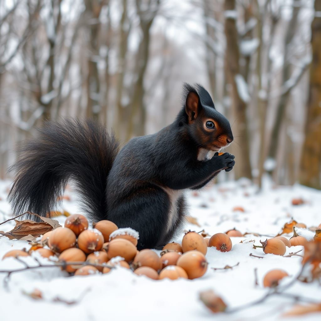 Winter Forest Scene with Black Squirrel Gathering Nuts