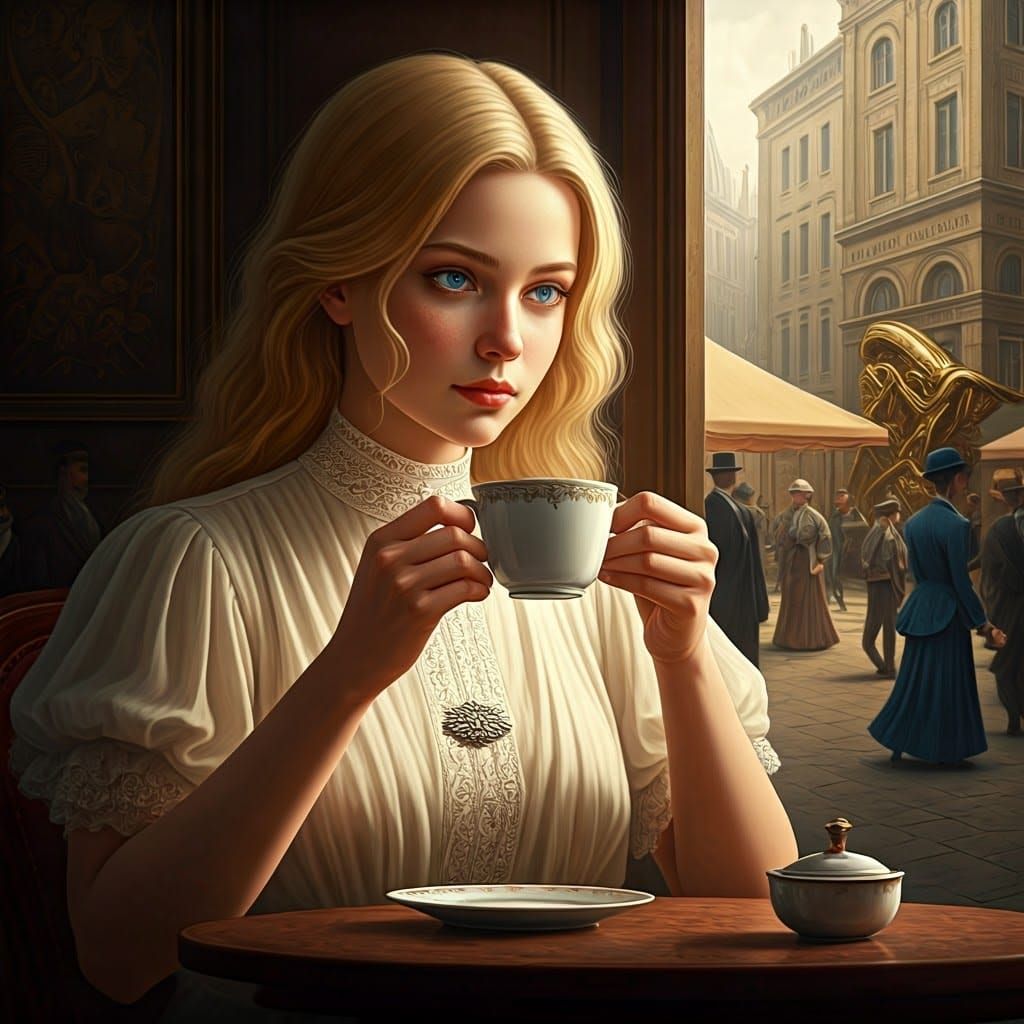 Surreal Cafe Scene with Giger Xenomorph Statue