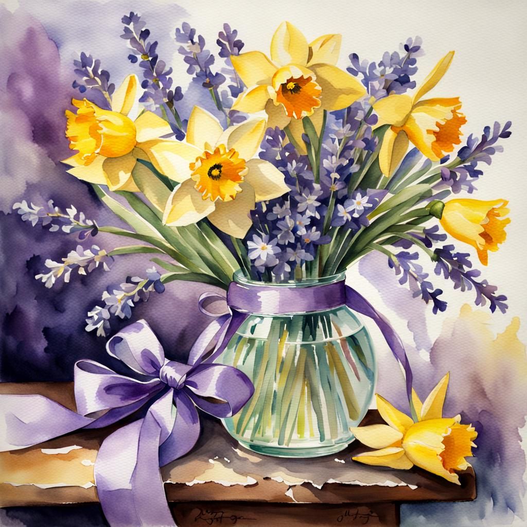 Watercolor Floral Arrangement in Glass Vase