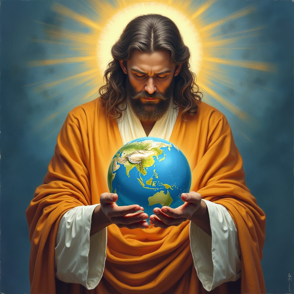 Elegant Deity Cradles Earth: Gouache Painting