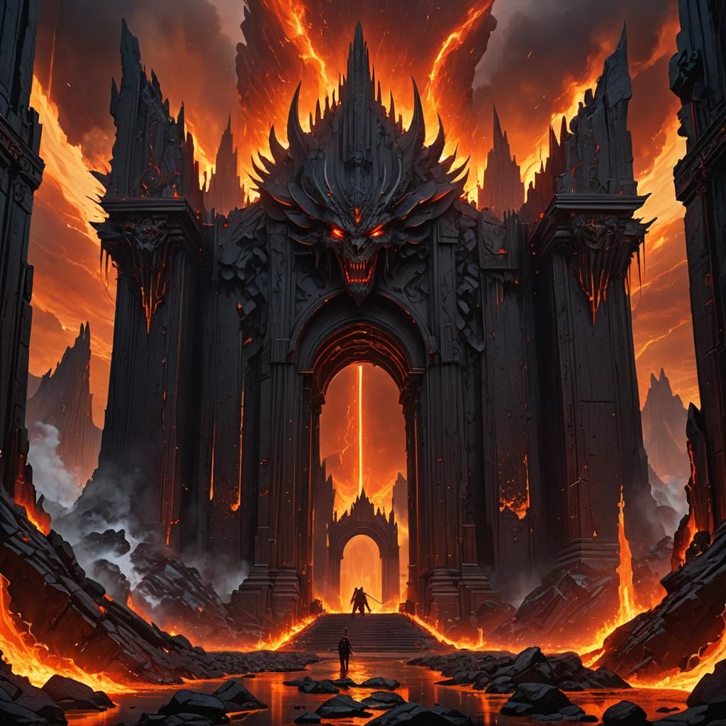 Colossal Gate of Hell with Fire and Swords