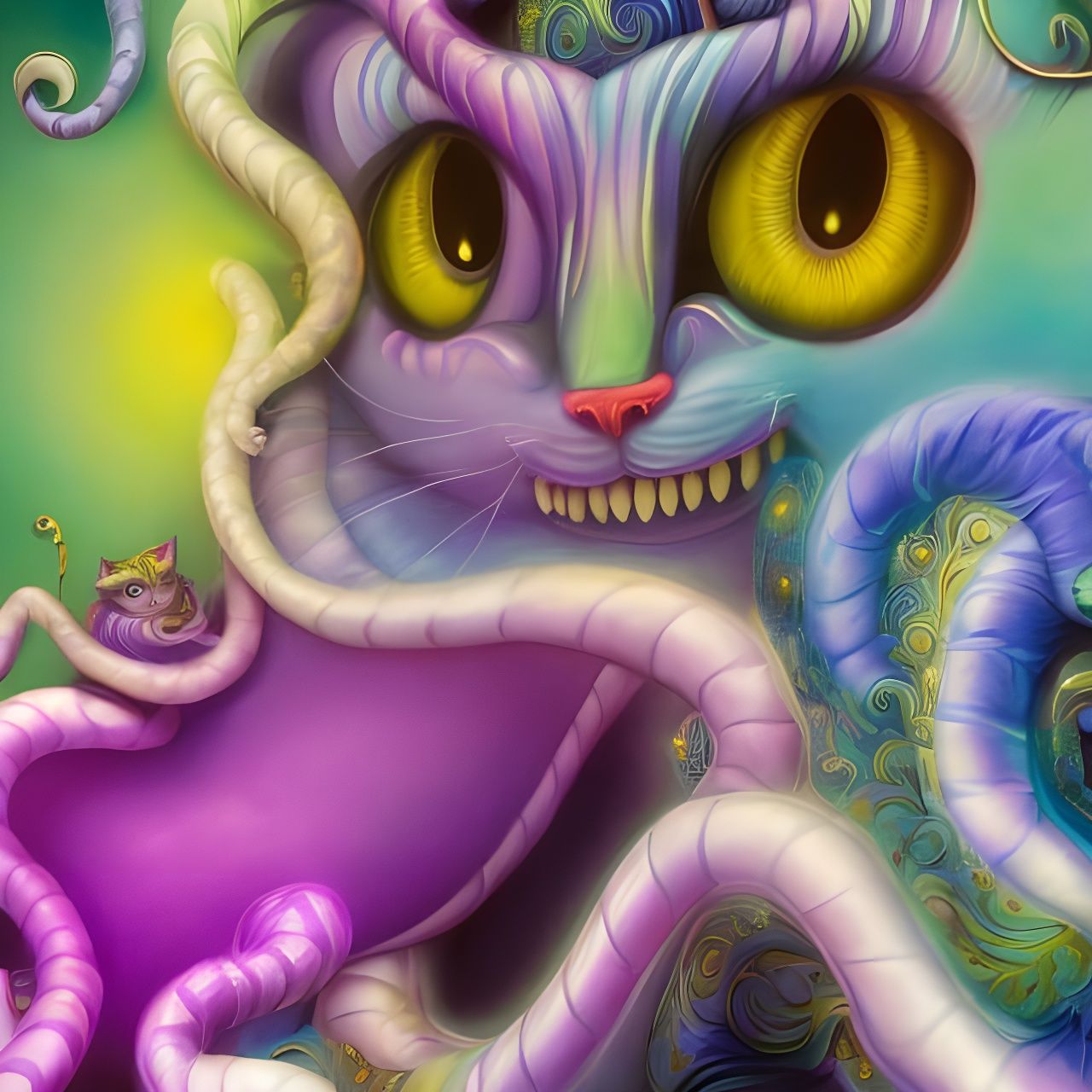 Psychedelic Cheshire Cat Art Nouveau Rococo Illustration