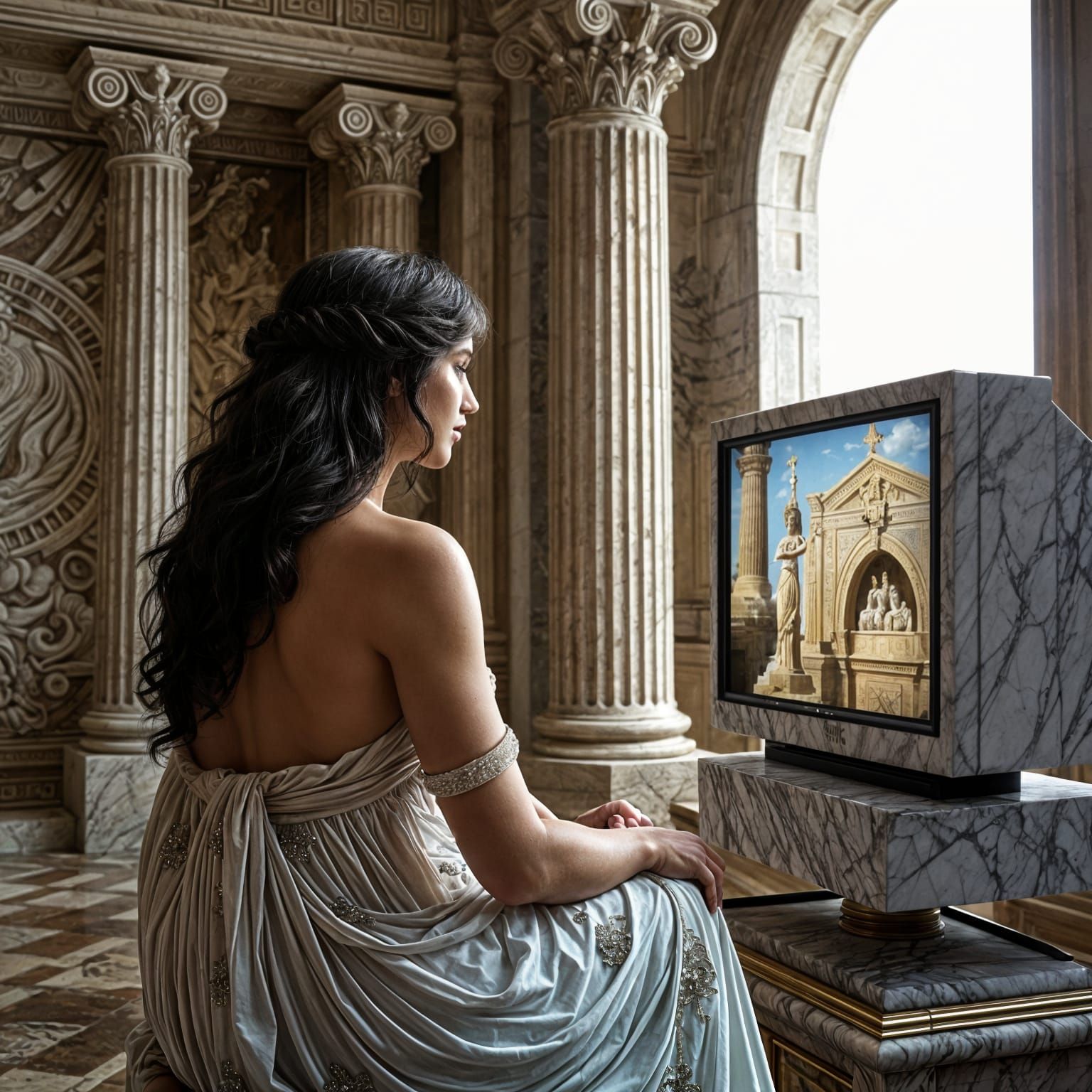 Greek Goddesses Watching TV in Ancient Setting