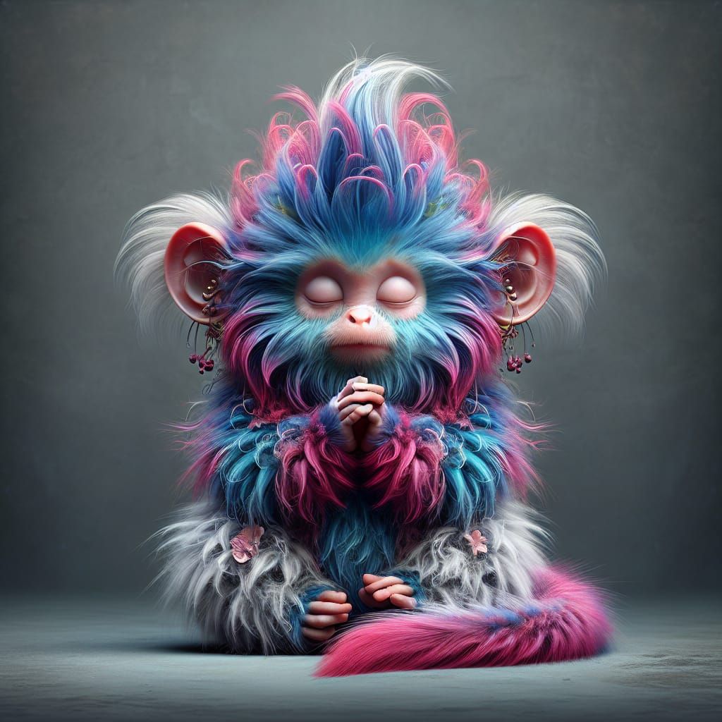 Cute Blue-Hair Monkey in Prayer, Pixar Style